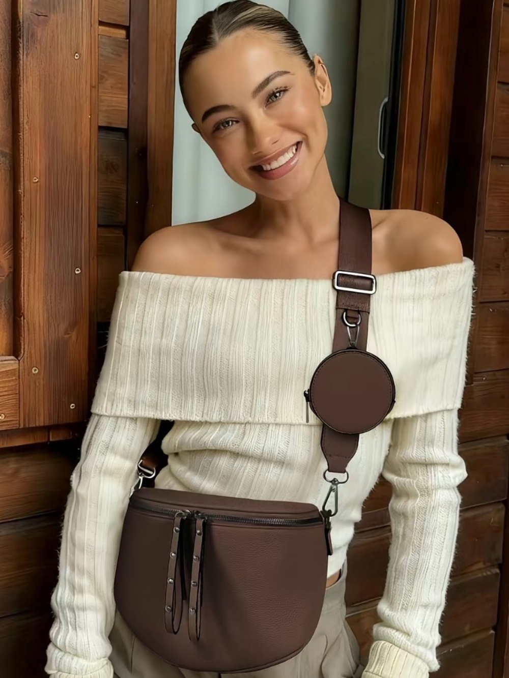 Women’s Brown Pebbled Crossbody Belt Bag with Coin Pouch - Picture 9 of 16